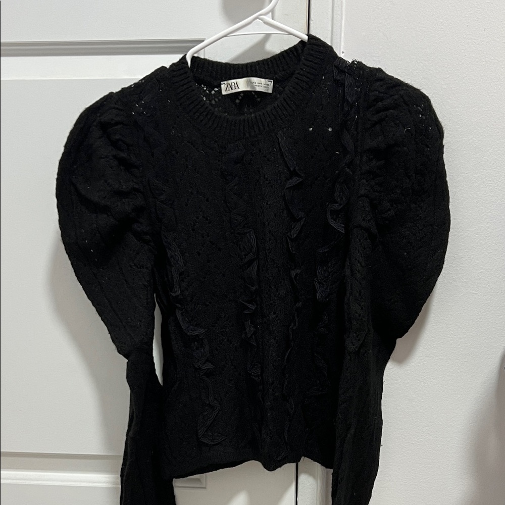Zara Black Textured Puff Sleeve Top